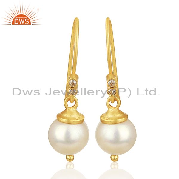 Natural Pearl Gemstone 925 Silver Gold Plated Girls Drop Earrings