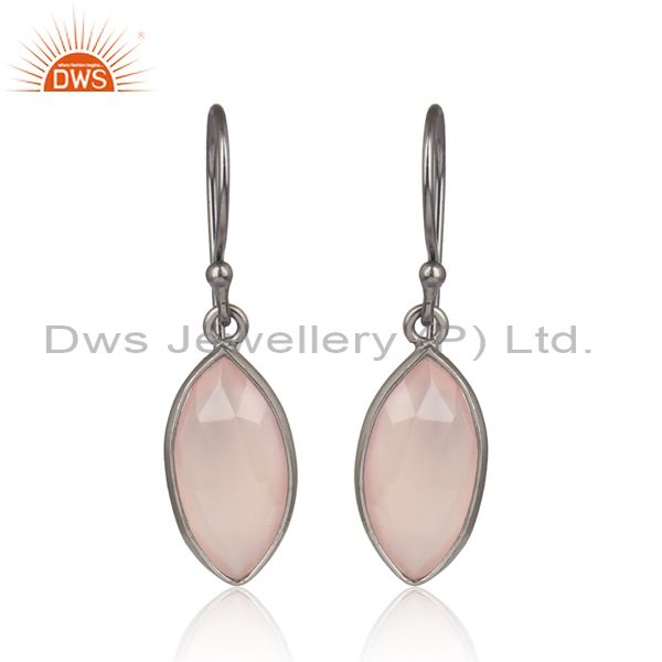 Oval Rose Chalcedony Set Black Plated 925 Silver Earring