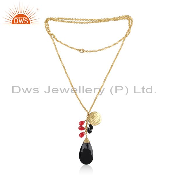24k yellow gold plated brass red aventurine and black onyx chain necklace