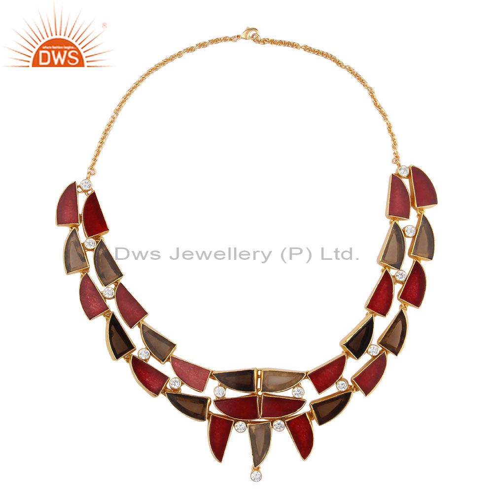 Handmade smoky quartz and red aventurine gemstone necklace with yellow gold