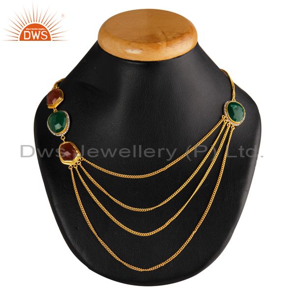 22k yellow gold plated brass green and red aventurine three chain necklace