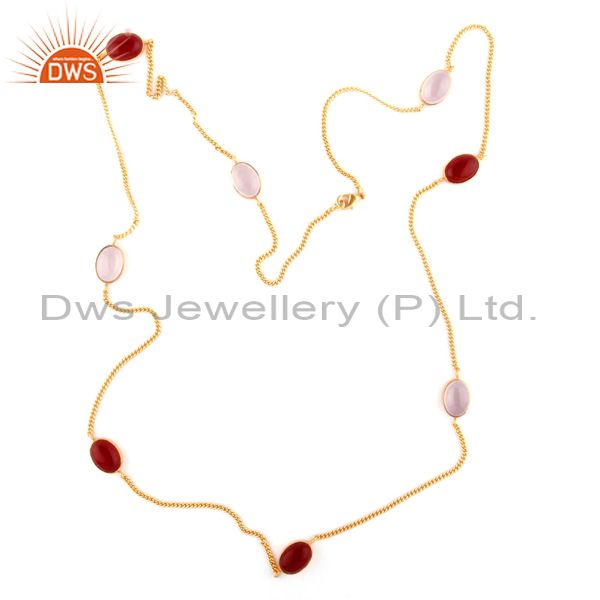 24k yellow gold plated brass chalcedony and red aventurine link chain necklace