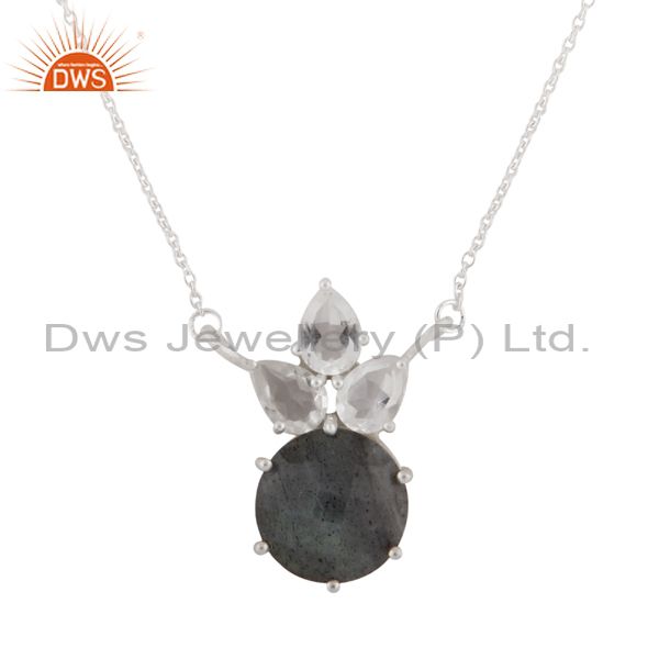 925 sterling silver labradorite and crystal quartz cluster pendant with chain