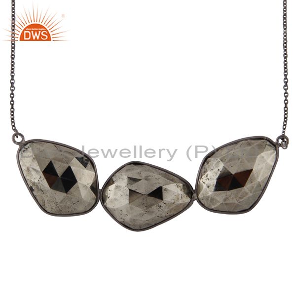 Oxidized solid sterling silver faceted pyrite bezel set link chain necklace