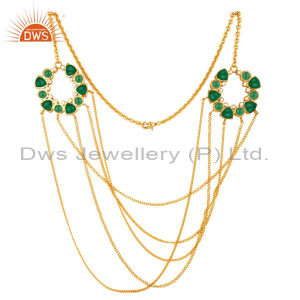 22k yellow gold plated brass green aventurine and cz multi chain necklace
