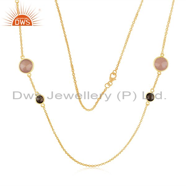 Smoky and rose chalcedony gemstone 925 silver necklace jewelry