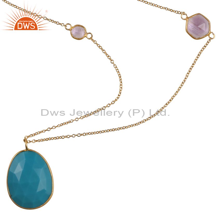18k yellow gold plated sterling silver amethyst and turquoise chain necklace