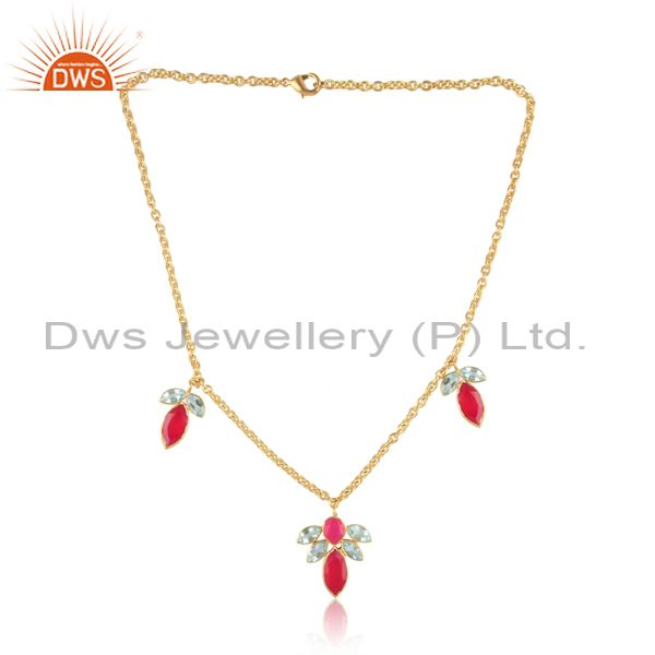 Pink Chalcedony Gemstone CZ Gemstone Brass Fashion Necklace Supplier