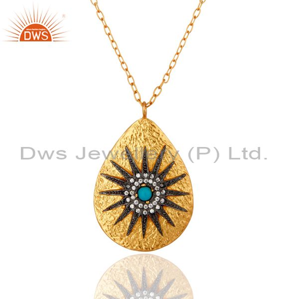 18k yellow gold plated turquoise and cz antique look pendant with chain