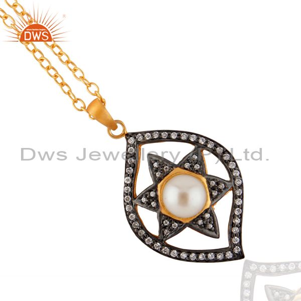 Real natural white pearl star design pendant white zircon 18k gold plated chain neck