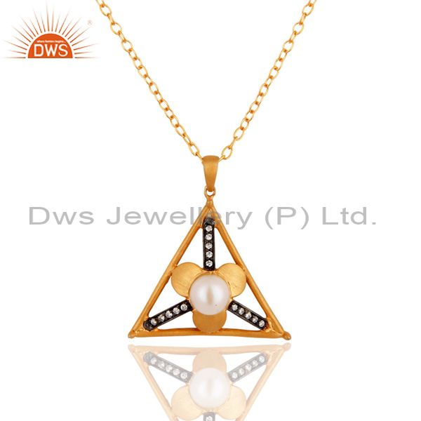 18k yellow gold plated brass white pearl and cz pendant with 16" chain