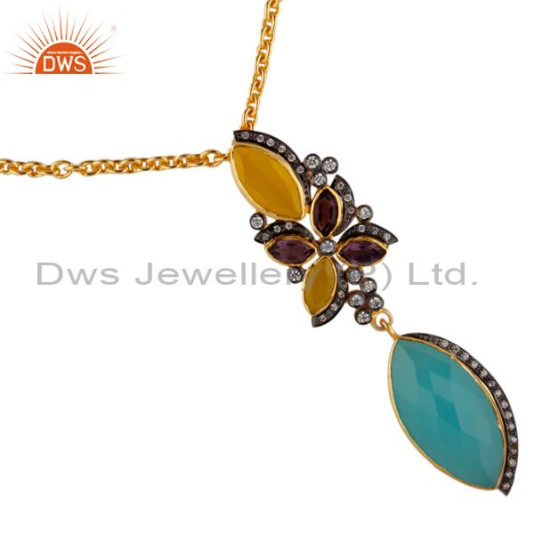 Designer 18k gold plated yellow moonstone and chalcedony pendant necklace