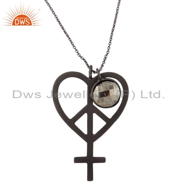 Oxidized solid sterling silver pyrite and peace charm pendant with chain