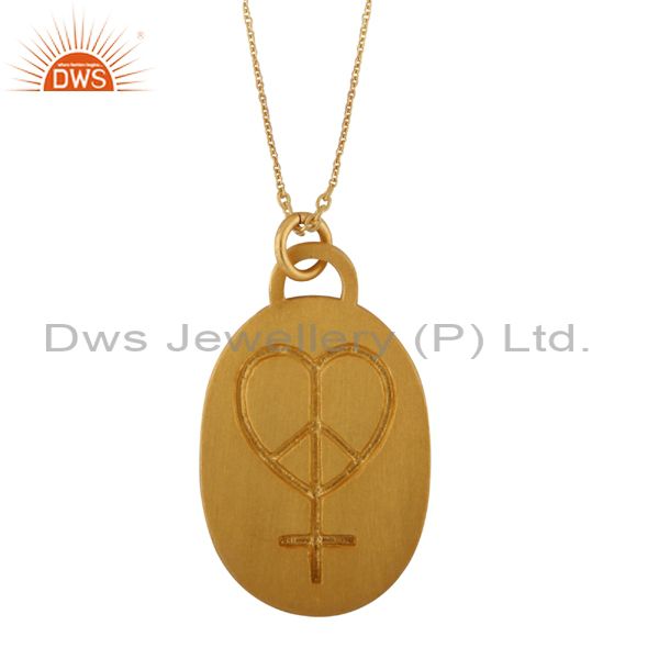 18k yellow gold plated sterling silver peace sign engraved pendant with chain