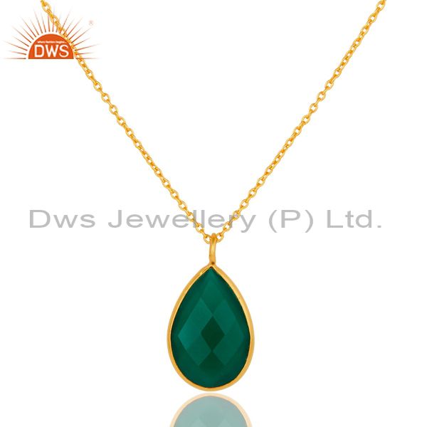 22k gold plated sterling silver green onyx gemstone chain pendant necklace