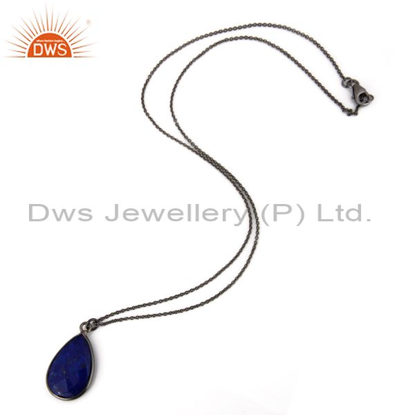 Oxidized sterling silver lapis lazuli gemstone bezel set drop pendant with chain