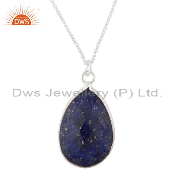 Handmade sterling silver faceted lapis lazuli bezel set drop pendant with chain