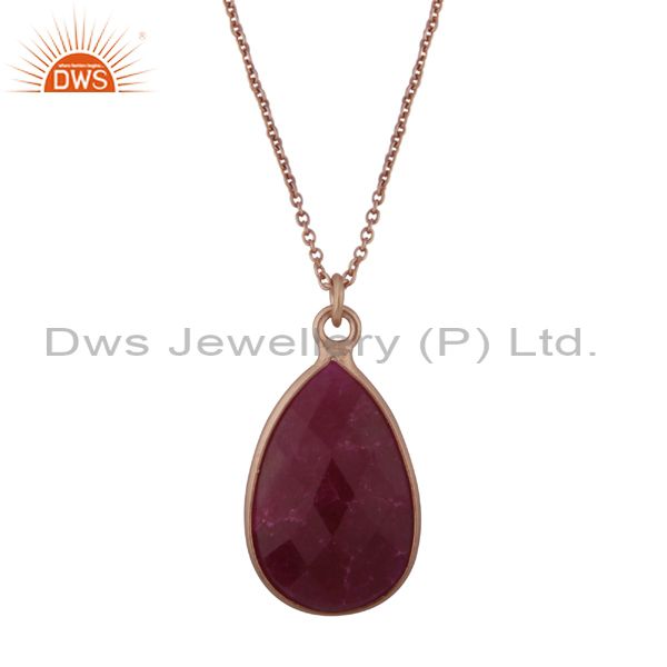 18k rose gold plated sterling silver ruby bezel set drop pendant with chain