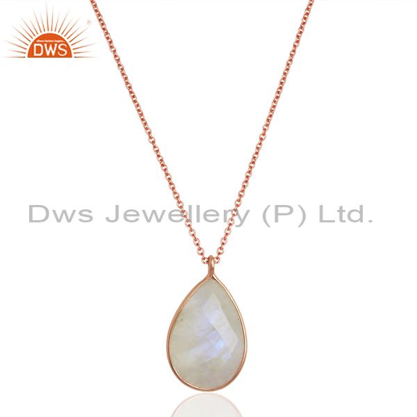 Rainbow moonstone 18k rose gold plated sterling silver chain pendant necklace