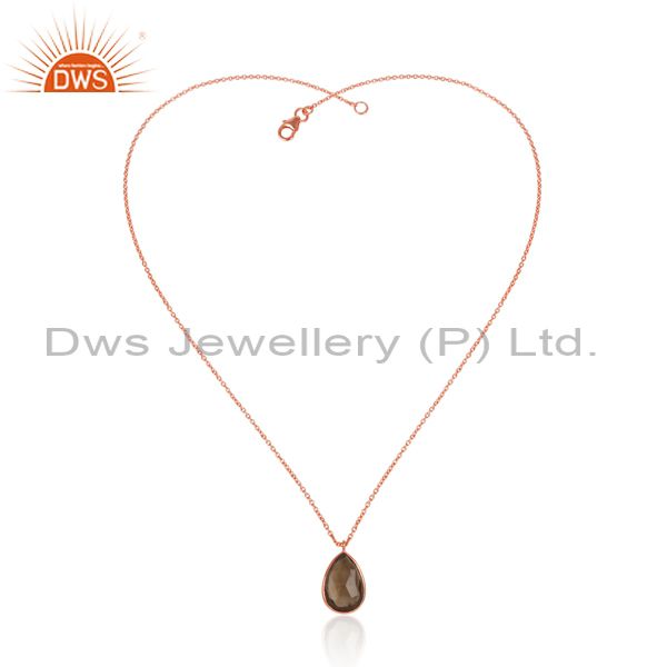 18k rose gold plated sterling silver smoky quartz bezel drop pendant with chain