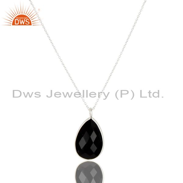 Handmade solid 925 sterling silver faceted black onyx chain pendant necklace