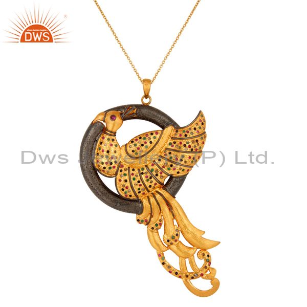 18k gold plated sterling silver multi colored gemstone peacock designer pendant