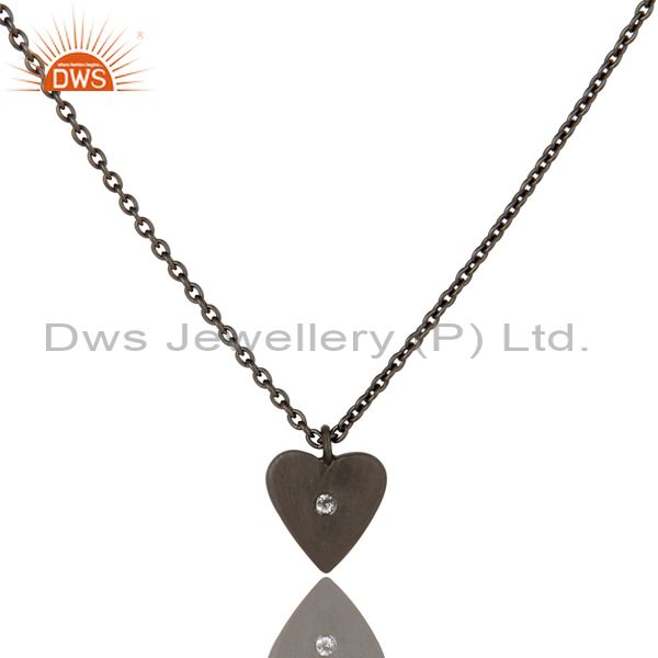 Black oxidized 925 sterling silver heart design white topaz chain pendant