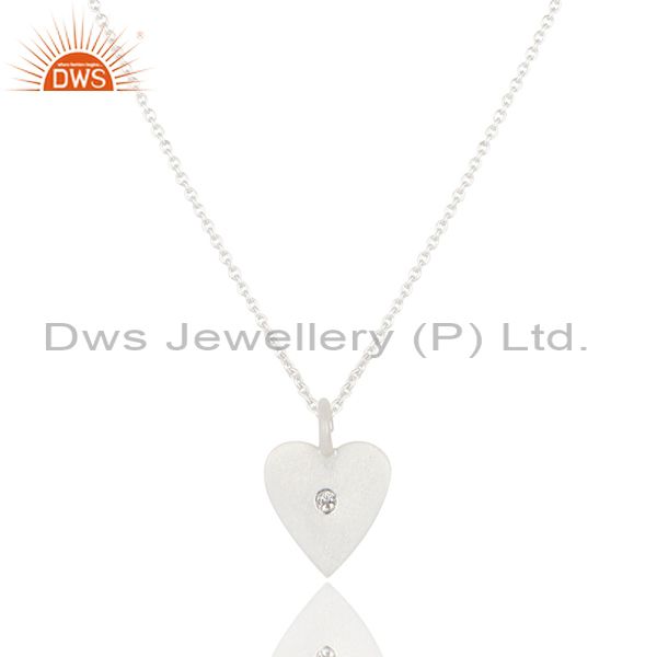 Handmade solid 925 sterling silver heart design white topaz chain pendant