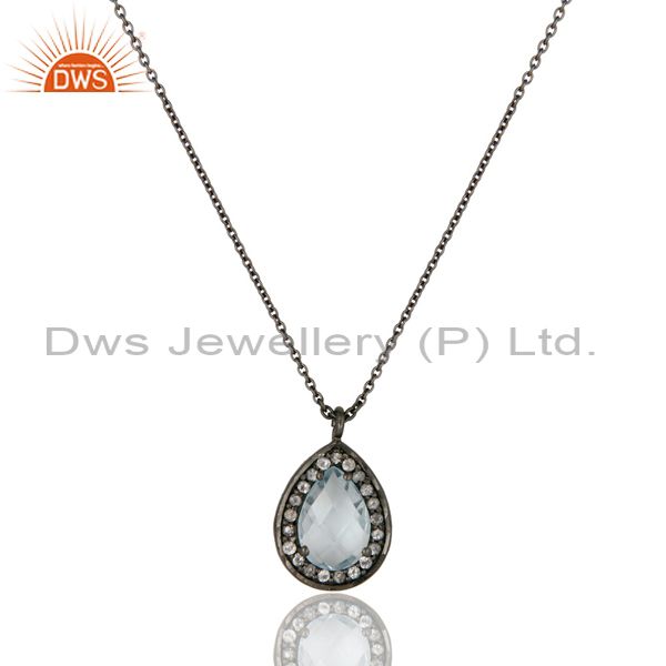 Oxidized sterling silver blue topaz and white topaz pendant with chain necklace