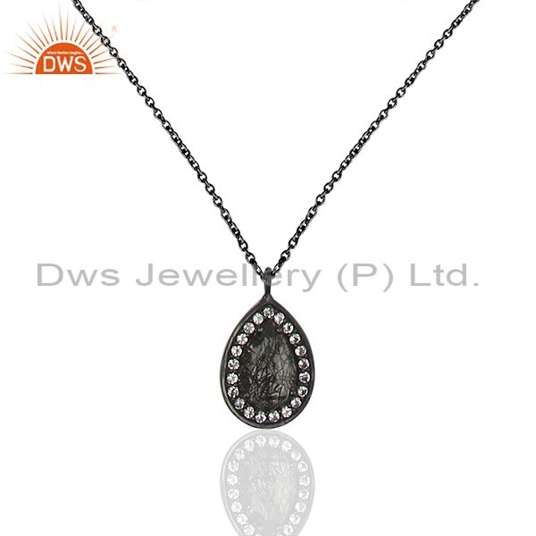 Black rutile quartz gemstone black rhodium sterling silver pendant