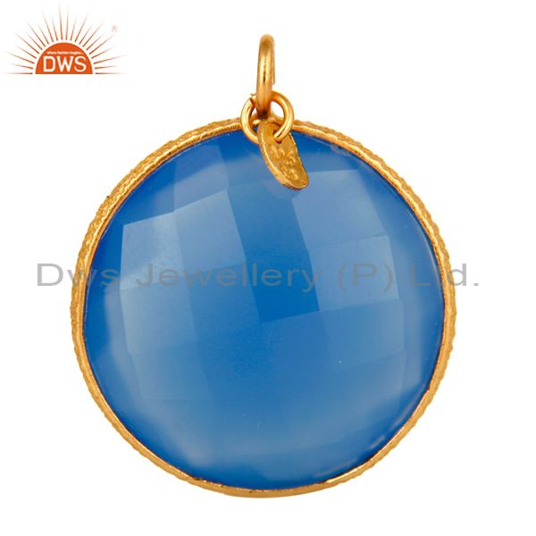 18k yellow gold plated sterling silver blue chalcedony bezel set charm pendant