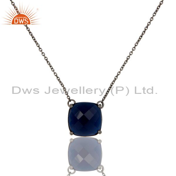 Oxidized sterling silver blue corundum gemstone prong set chain necklace
