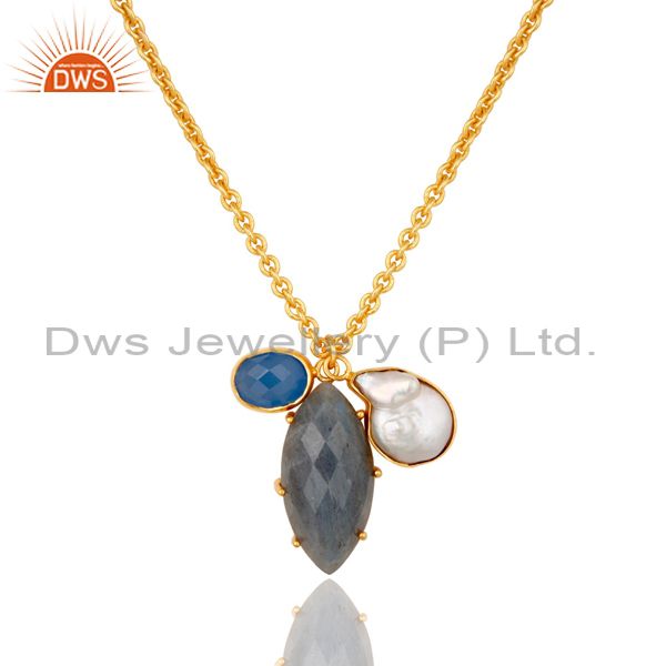 Blue chalcedony pearl and labradorite handmade 18k gold plated necklace