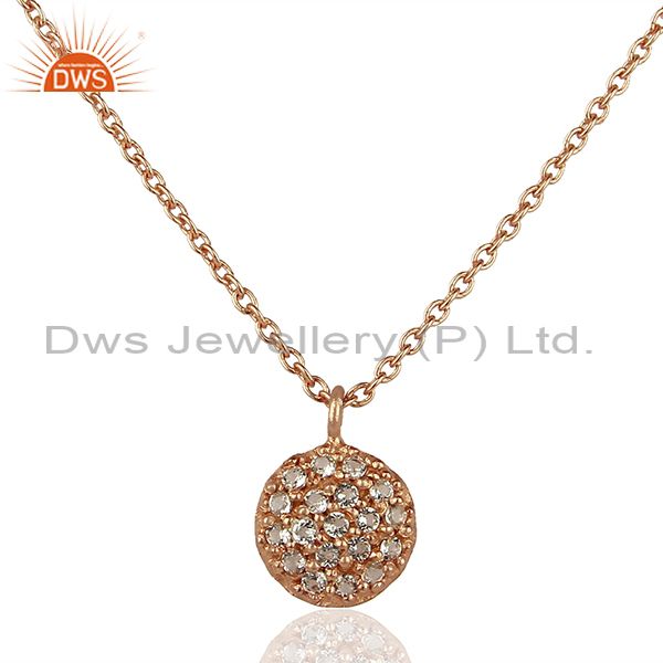 Round single white topaz chain pendant with 18k rose gold plated sterling silver