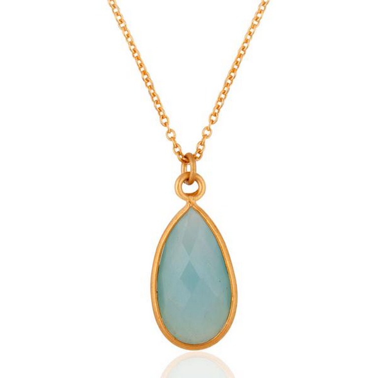 Blue aqua glass gemstone pendant jewelry with 18k gold plated chain necklace