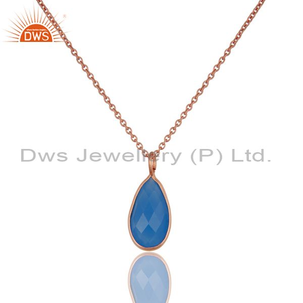 18k rose gold plated blue chalcedony bezel set drop pendant with 16" inch chain