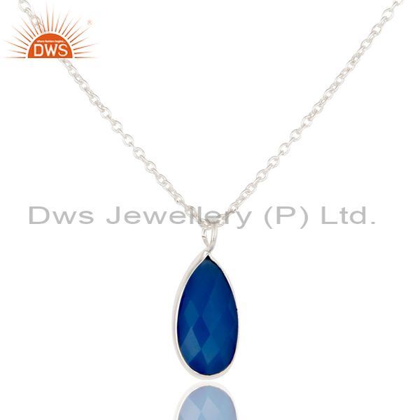 Solid silver plated blue chalcedony bezel set drop pendant with 16" inch chain