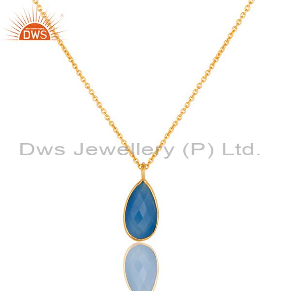 18k yellow gold plated sterling silver blue chalcedony bezel drop pendant chain