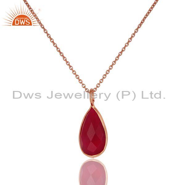 18k rose gold plated pink chalcedony bezel set drop pendant with chain
