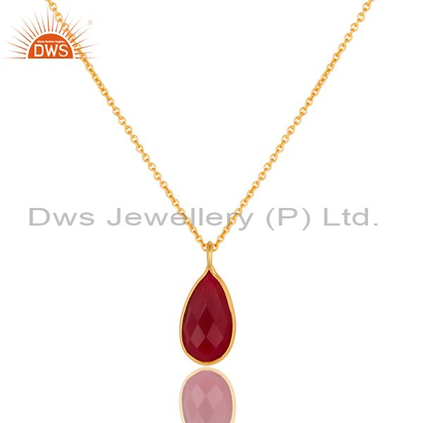 18k yellow gold plated pink chalcedony bezel set drop pendant with chain