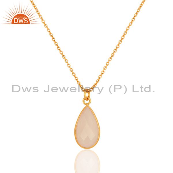 Rose quartz faceted pear shape gemstone pendant 24k yellow gold plated necklace
