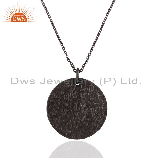 Black rhodium plated sterling silver circle pendant with 16" inch chain