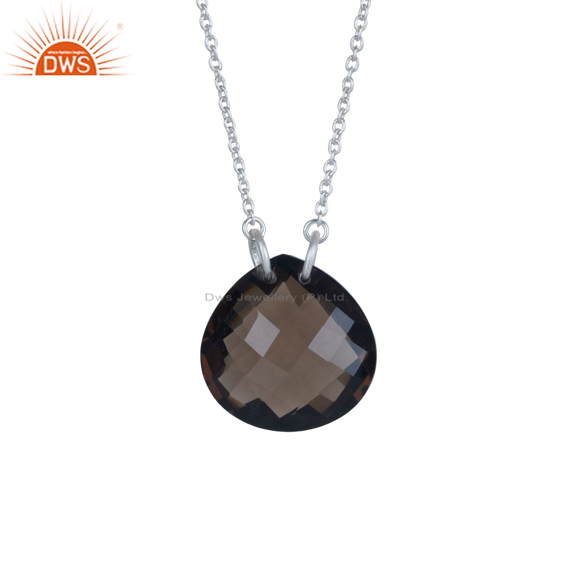 Natural smoky quartz faceted sterling silver gemstone pendant chain necklace