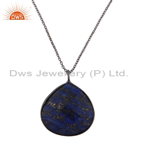 Oxidized sterling silver faceted lapis lazuli bezel set drop pendant with chain