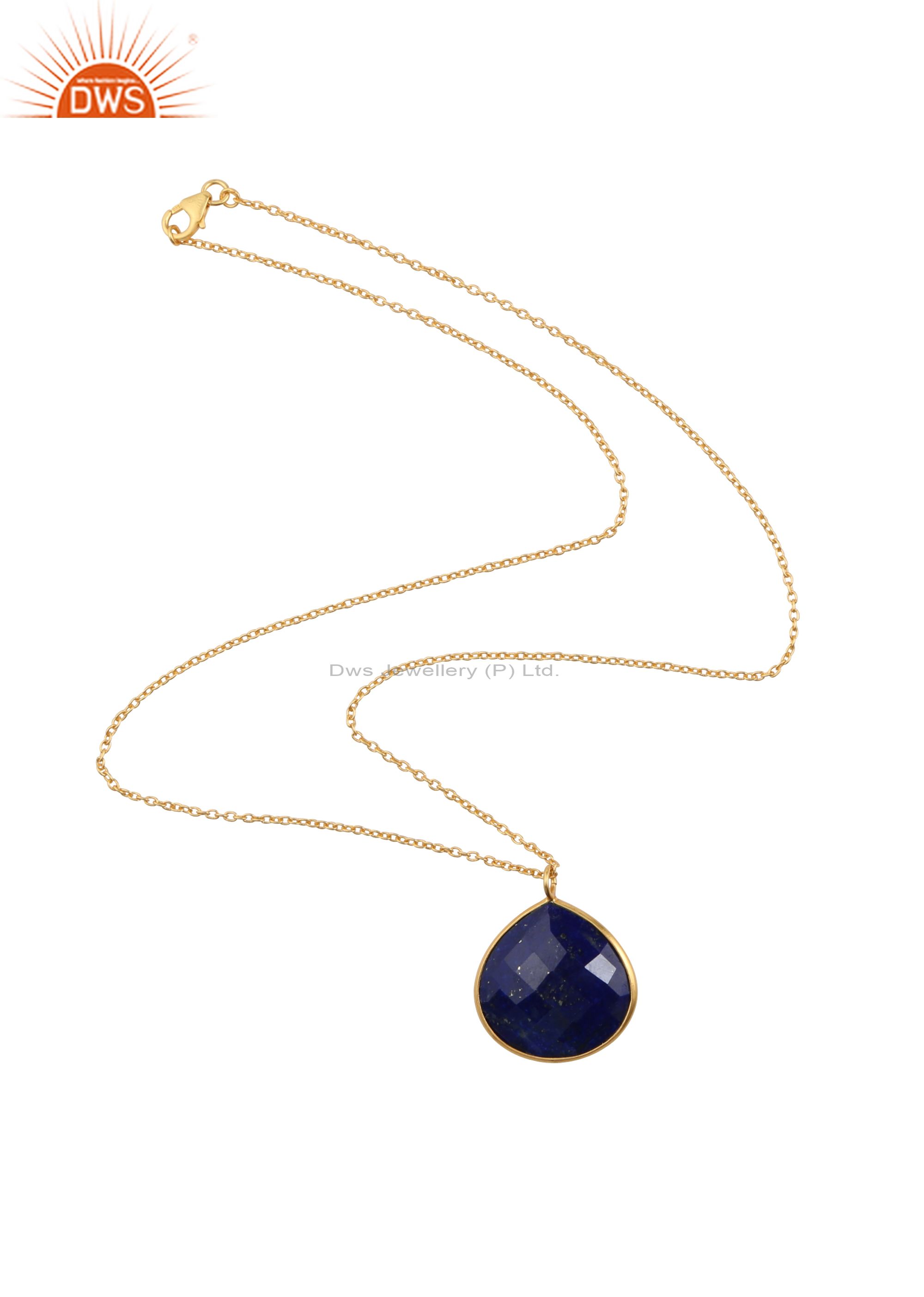22k yellow gold plated sterling silver lapis lazuli bezel set pendant with chain