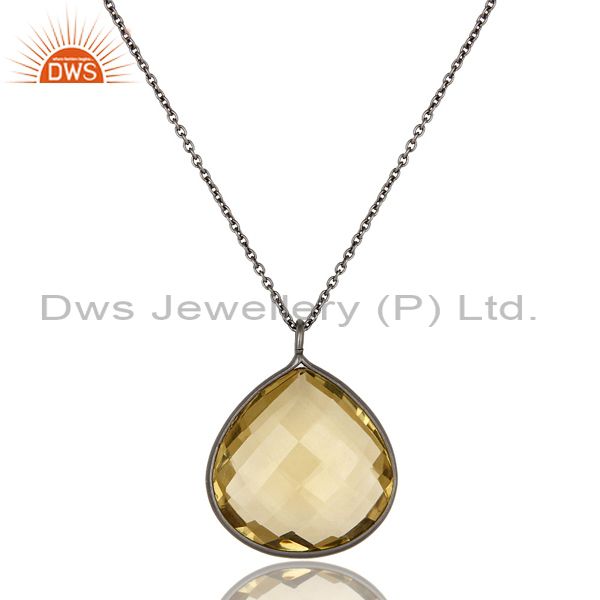 Oxidized sterling silver lemon topaz gemstone bezel set drop pendant with chain