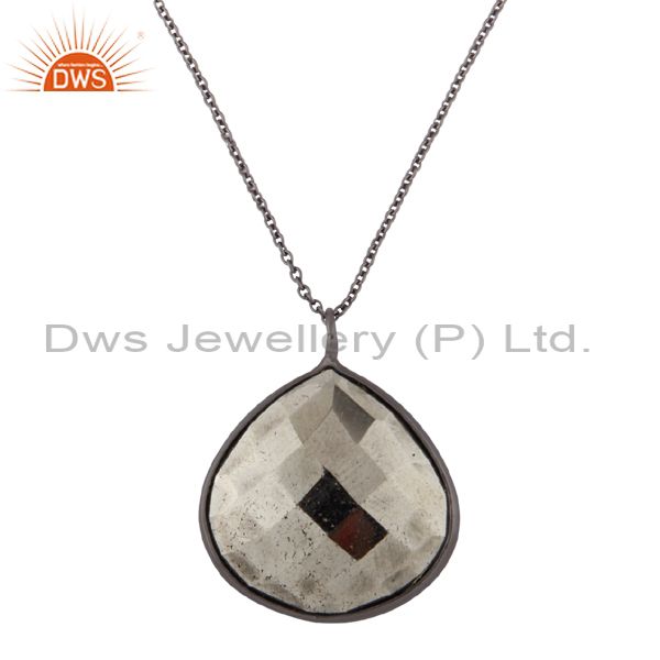 Oxidized sterling silver faceted pyrite bezel set drop pendant with chain