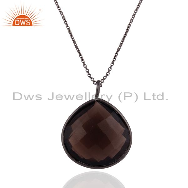 Black rhodium plated sterling silver natural smoky quartz drop pendant with chain