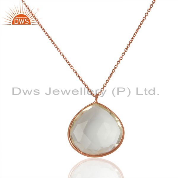 Rose gold plated sterling silver crystal quartz bezel set pendant w/ chain