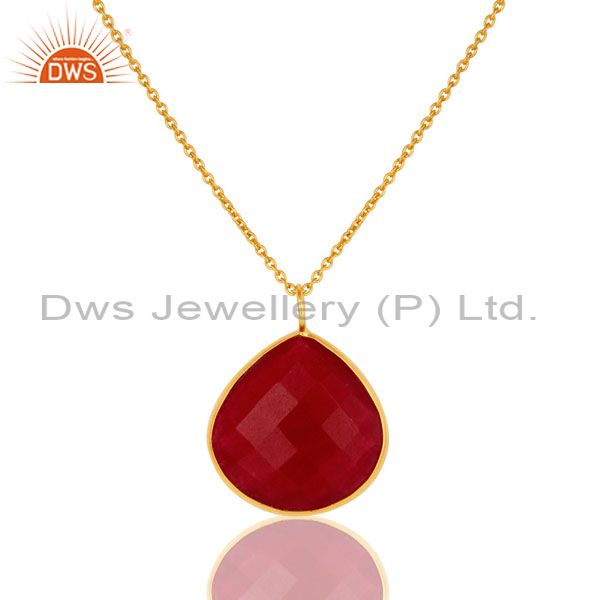 18k gold plated sterling silver red aventurine bezel set drop pendant with chain